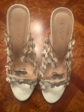 VENUS Cream Floral Appliqué Slide Mules with Clear Upper